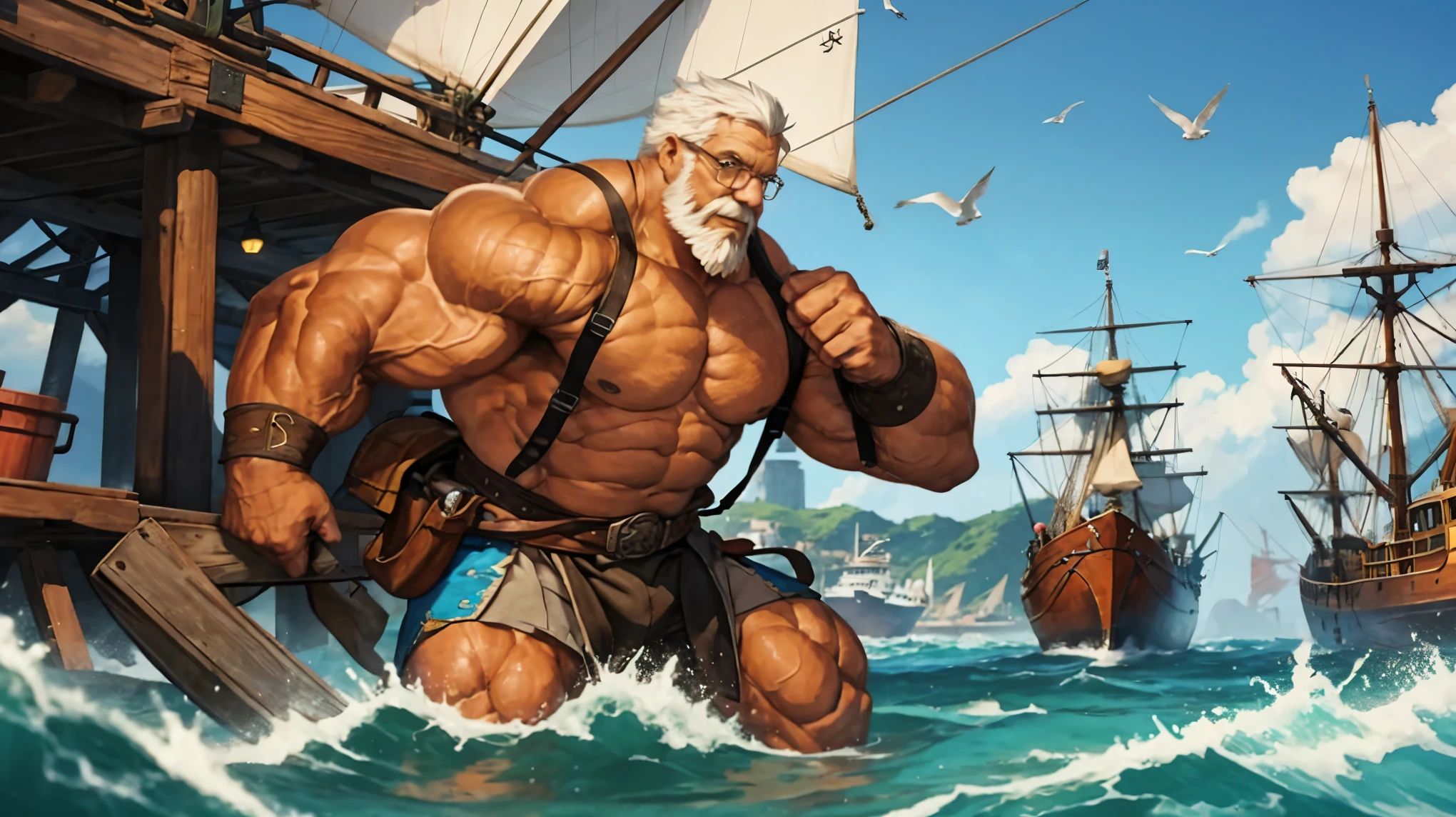 A solo, muscular boy with huge pectorals wearing glasses stands in a harbor. He is an old man with short white hair and a thick beard. The scene is full of pirates, creating an adventurous atmosphere. The artwork is a masterpiece, with high detail and resolution of 8k. The muscular boy's pectorals are particularly emphasized, showcasing his strength. The harbor is bustling with activity, with ships, crates, and seagulls in the background. The lighting is dramatic, highlighting the boy's strong physique. Overall, the image exudes a sense of power, adventure, and mastery.