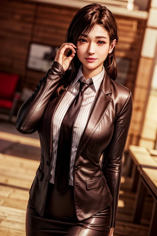 highest quality, Perfect Face, Complex, Beautiful views, Ultra-realistic 8K CG,Perfect artwork, 1 Female, Sayuri, Young face, Droopy eyes, Wink, smile, Throw kiss, alone, Female teacher-like appearance, Dark brown business suit, Light brown tie, Long pencil skirt, alone, Side lighting, Shallow and sharp depth of field, Realistic