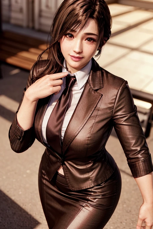 highest quality, Perfect Face, Complex, Beautiful views, Ultra-realistic 8K CG,Perfect artwork, 1 Female, Sayuri, Young face, Droopy eyes, Wink, smile, Throw kiss, alone, Female teacher-like appearance, Dark brown business suit, Light brown tie, Long pencil skirt, alone, Side lighting, Shallow and sharp depth of field, Realistic