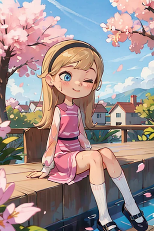 The beautiful girl wearing a , , has long blonde hair, hairband, blue eyes, ((pink dress)), puffy sleeves, white tube socks, black mary janes, her body parts are very ideal, her thighs are also chubby, her face has a sweet smile, her position is sitting on the terrace of the house overlooking the cherry blossoms on the terrace, and with polite sitting posture, closed mouth, one eye closed, wet legs