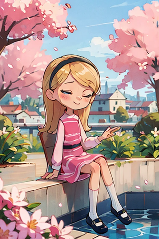 The beautiful girl wearing a , nine years old, has long blonde hair, hairband, blue eyes, ((pink dress)), puffy sleeves, white tube socks, black mary janes, her body parts are very ideal, her thighs are also chubby, her face has a sweet smile, her position is sitting on the terrace of the house overlooking the cherry blossoms on the terrace, and with polite sitting posture, closed mouth, one eye closed, wet legs