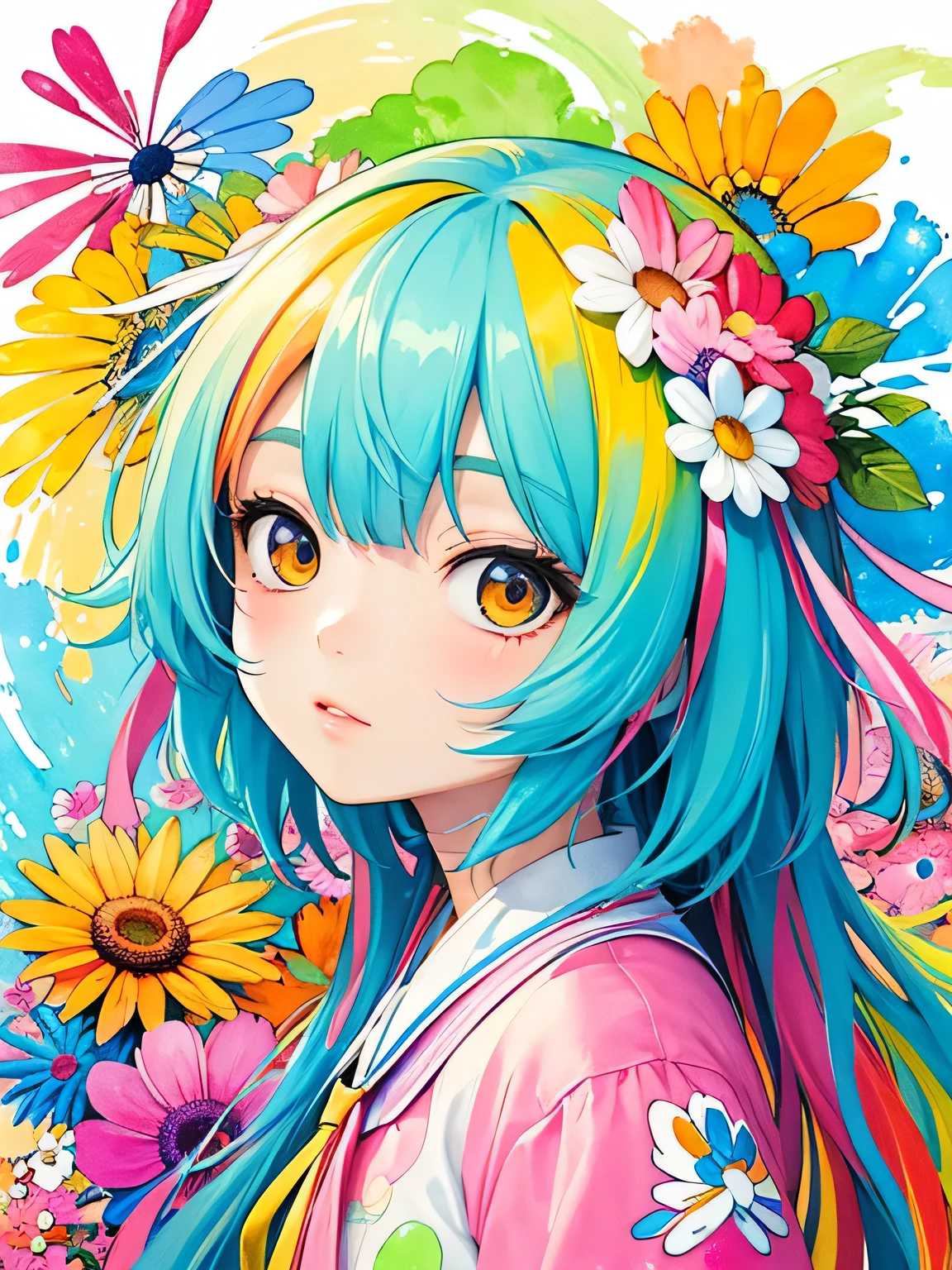 Takashi Murakami style、8K Quality、Intense watercolor, Detailed watercolor art, Watercolor splash, Surreal, avant-garde pop art, Beautiful and expressive paintings, Beautiful artwork illustration, Very colorful tones, wonderful, Cool beauty, highest quality、Official Art, Vector art, Stylish design, ((The most beautiful girl of all time)), (((highest quality))), HDR, ((detailed)), (((Doodle Art)), ((masterpiece)), ((Super detailed)), (((Colorful flowers))), funny day