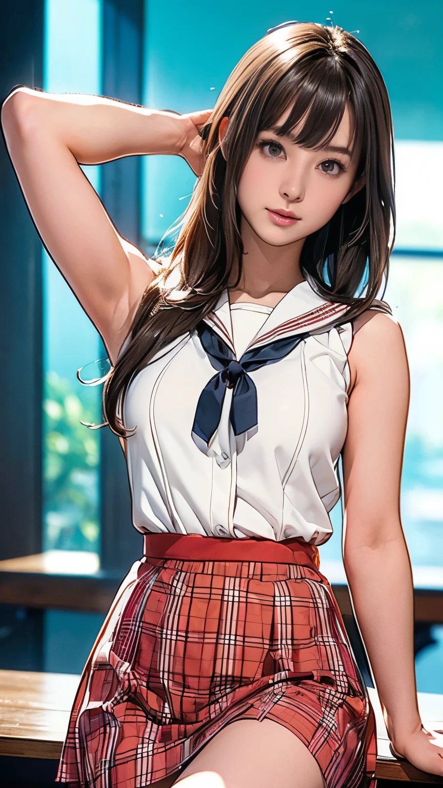 Highly detailed CG Unity 8k wallpaper, Very delicate and beautiful, Shockingly, Finely, official art, absurd, incredibly absurd, Ultra Detailed,The light shines on your face,Looking at the audience, (perfect woman image), Slimウエスト, Full Body Esbian, permanent, ((Sailor Suit, Plaid skirt, Collared shirt, abdomen, Open your clothes, sleeveless tops)), bare arm, Bangs, (best quality, 4K, On the table: 1.3), Beautiful Japanese Araphi woman、15age、Surreal, 1 girl,The face is rich in detail,Lip detail, Beautiful eyes,double eyelids, (Beautiful and delicate lips),Sexy face、Light brown hair、Medium Length Hair、(Seductive figure: 1.2), (Thin waist:1.1)、Flowing hair、((Solitary))、 Half-smile, Color Background, Looking at the audience,big breasts Thin waist,Movie Lighting, ((15ageの女の子, Slim, Thin waist, Thin thighs, Thin arms)), ((Raise your arms, Expose your armpits))