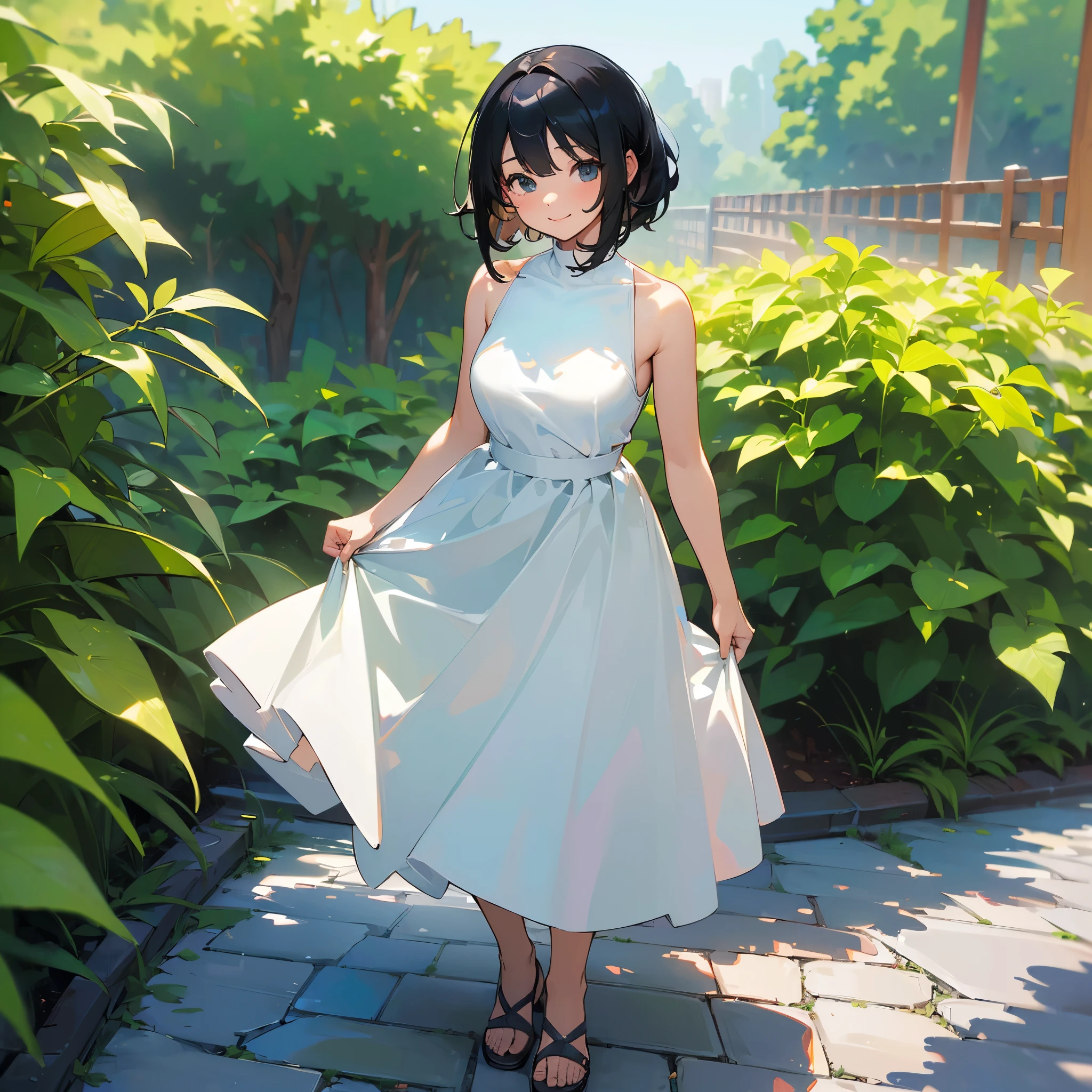 (high quality, High resolution, Very detailed, reality:1.37), Peaceful atmosphere, (Outdoor, garden), Teenage girl standing alone, (my breasts are big.), Beautiful details, Cute Smile, (Black bob hair), White sleeveless dress, Sandals.