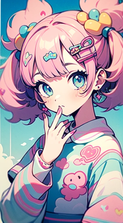 cute, cute, Adorable, pink, yellow,  Blue, ((One girl)), Sky themed, Clothes made from clouds and the sky, fluffy and soft,  Decora, Barrette, Harajuku fashion outfit, Harajuku