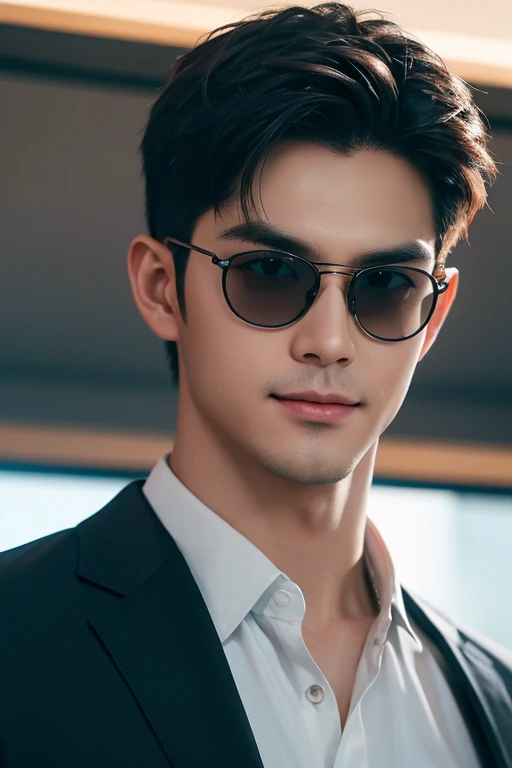 ((Men)), (head shot), (frontal face), (full body view), (Handsome muscular man in his 30s wearing black pilot sunglasses and patient clothes), zi wang (prince chiu), Mischievous smile, (detail: 1 in 1), Natural muscles, HIG quality, beautiful eyes, (Detailed face and eyes), (Face、: 1 / 2), fresh lips, Noise, Real Photographics, ... ...................................................................................................PSD, Sharp Focus, High resolution (8K), realistic & Professional Photography, 8K UHD, Soft lighting, High quality, Film grain, FujifilmXT3