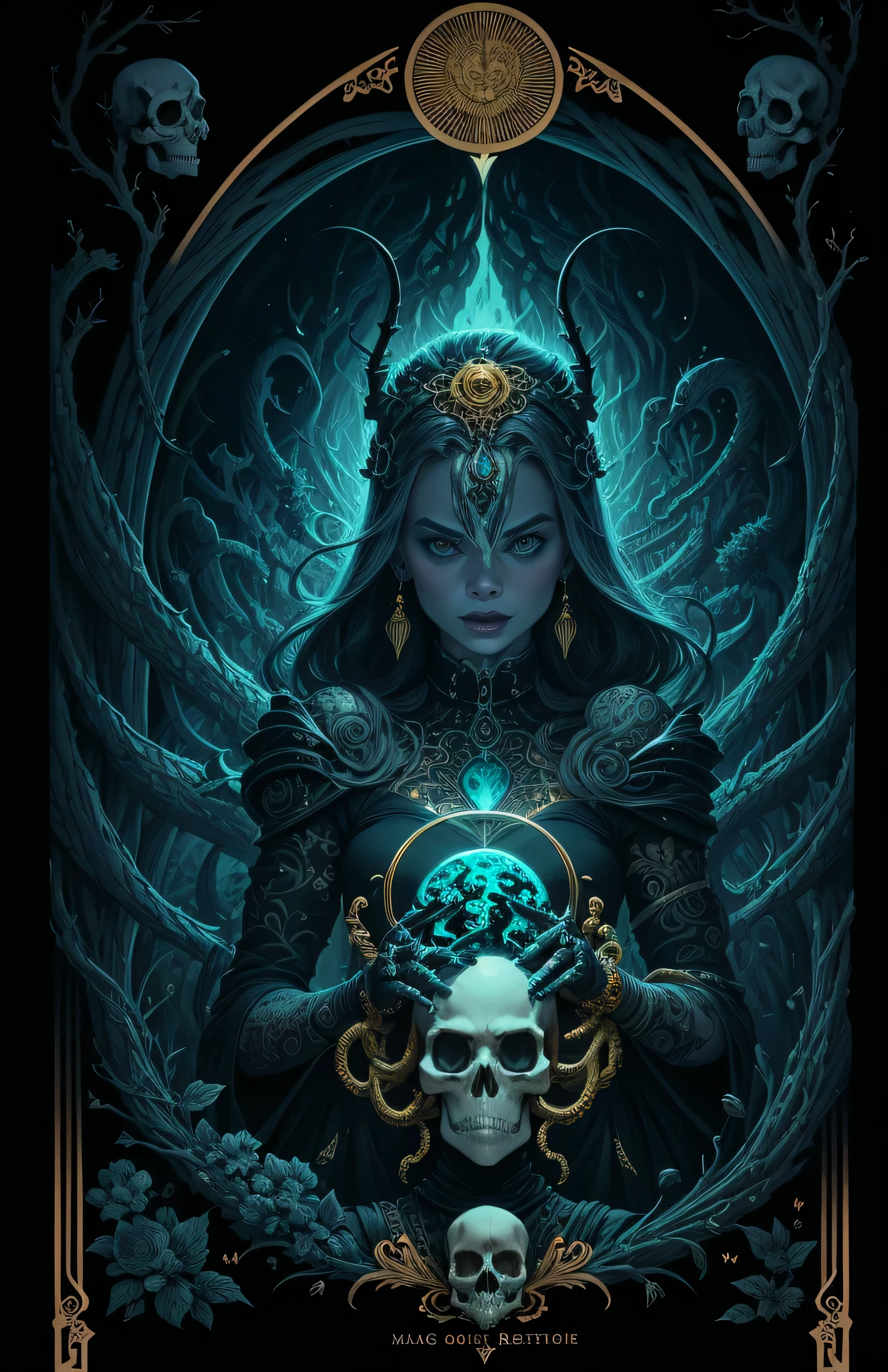 Margot Robbie, malice, skulls, tendrils, dark atmosphere, greyscale, detailed linework, cinematic, psychedelic, black paper with vibrant turqoise line work, ornate, symmetrical, tarot card, highly detailed, ink illustration, style of peter mohrbacher, golden ratio
