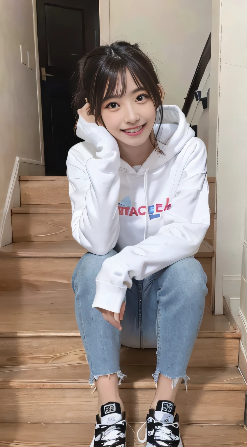 highest quality, Realistic, Very detailed, Finer details, High resolution, 8k wallpaper, One beautiful woman,Sit on the stairs、（Wear black socks）smile、（Beautiful teeth alignment、）（Gums are visible） Oversized hoodie, Skinny jeans,（ Black sneakers）、Black Hair、 Beautiful Bangs、ear piercing、Perfect dynamic composition, Beautiful and detailed, Full Body Shot, A big smile wearing colorful socks