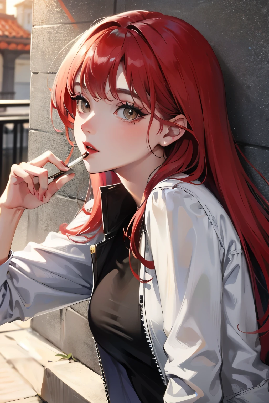 una chica de cabello rojo largo muy enojada ,fumando un cigarrillo