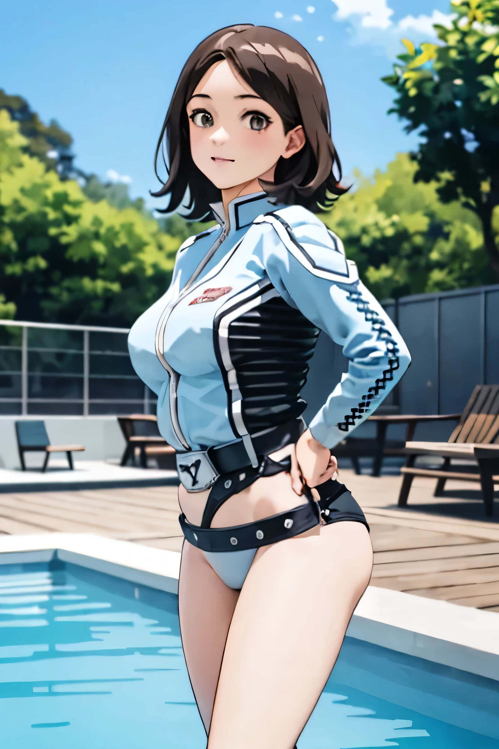 masterpiece, 最high quality, alone,One girl,View your viewers,Outdoor, Cowboy Shot,Ocean,Anime Style,
 Ann,Look at her, Great environment, Very detailed, high quality, summer, Bright sun, Pool, bikini, White ruffled swimsuit, Jump. Have a float