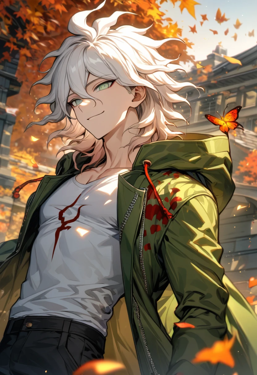 Ultra detailed, Highres, absurdres, HDR, Komaeda Nagito, white hair, expressive light green eyes, green long coat, white tight t-shirt with patterns, Danganronpa, autumn, petals, extremely handsome, sexy man, solo, very detailed eyes and face, toned chest, orange leaves, butterflies, master piece, smirking, black pants,