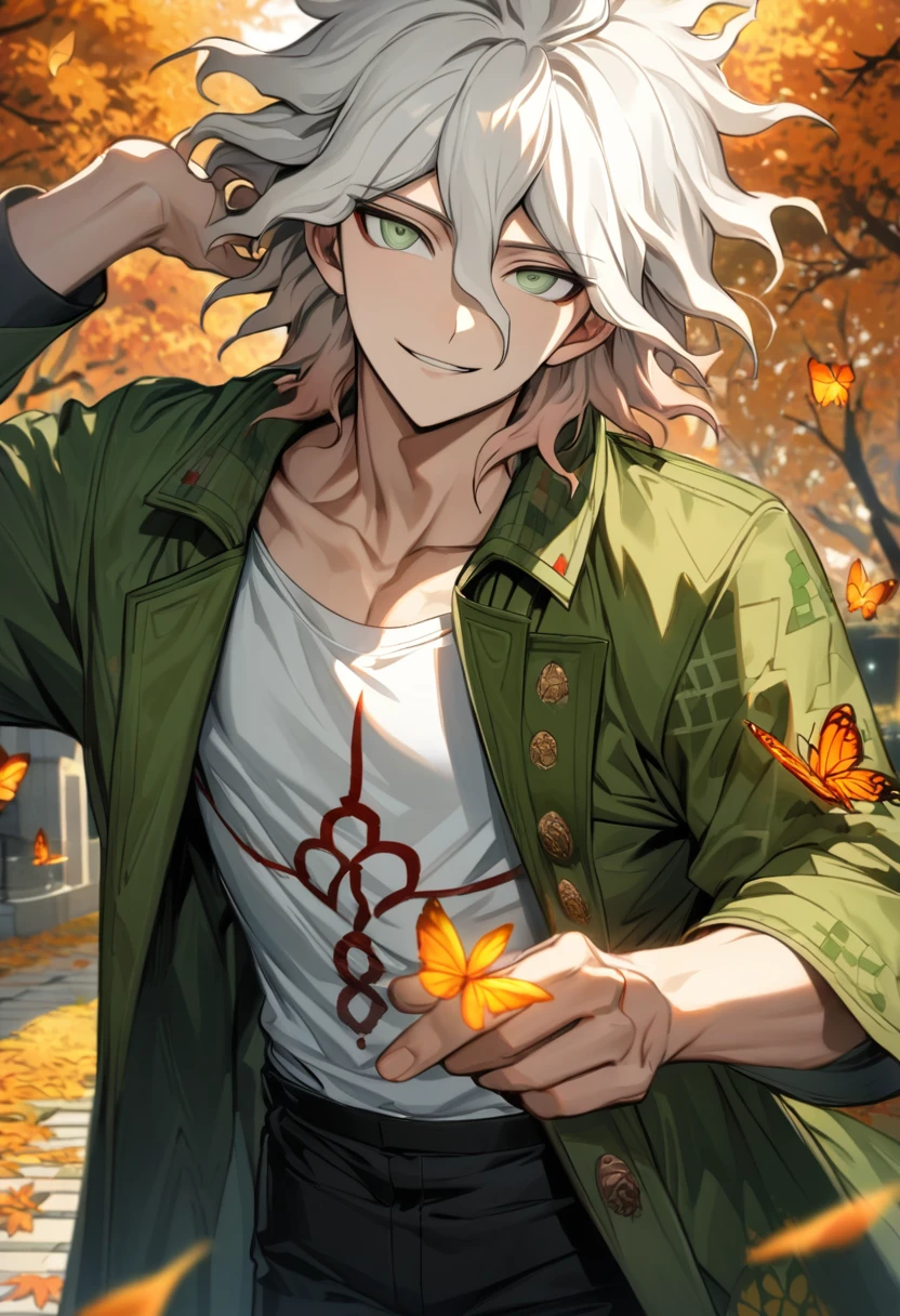 Ultra detailed, Highres, absurdres, HDR, Komaeda Nagito, white hair, expressive light green eyes, green long coat, white tight t-shirt with patterns, Danganronpa, autumn, petals, extremely handsome, sexy man, solo, very detailed eyes and face, toned chest, orange leaves, butterflies, master piece, smirking, black pants,