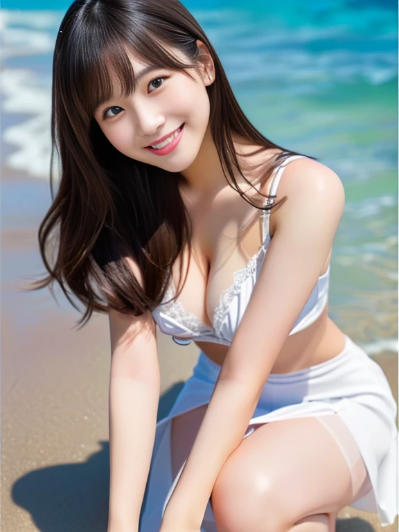 Photo-realistic quality、squatting on the beach、A Japanese woman wearing a white sheer camisole,The chest is loose、 Light grey fluffy mini skirt、Realistic young gravure idol, Cute young woman, Beautiful girl model, Beautiful Asian Girl, Graceful smile pose, a Cute young woman, ,Japanese Model, Cute seductive smile, Real fleshy gravure idol, Smiling Kindly, Beautiful model girl, Cute Smile、looking at the camera、Detailed and beautiful eyes