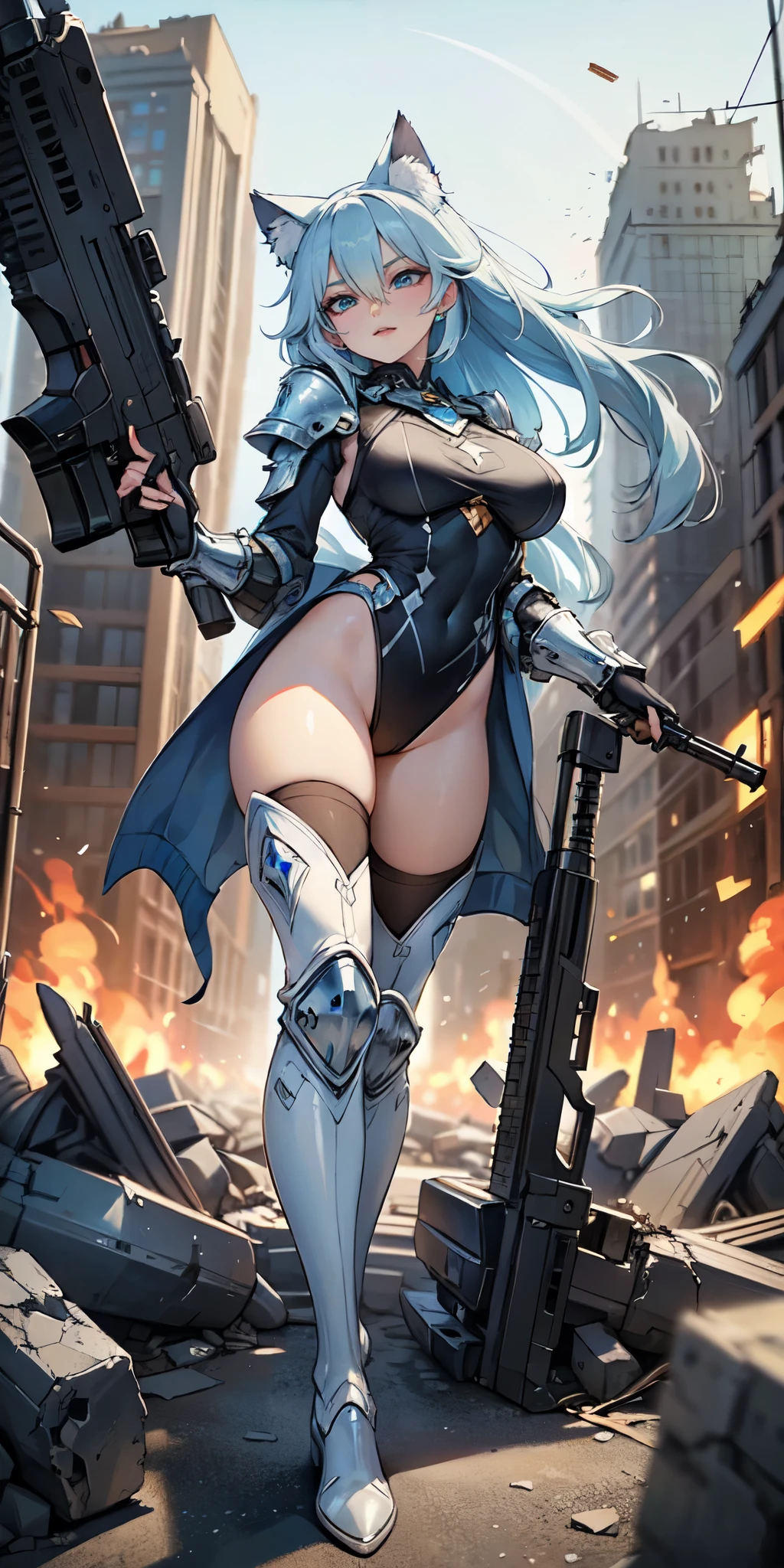 Masterpiece, beautiful art, 8k, art style by sciamano240, very detailed face, detailed clothes, detailed fabric, 1girl, beautiful face, asymmetrical long hair, light blue hair, space armor , thigh boots , very detailed blue cat eyes, hero stance , holding ar15 , serious expression, destroyed city, full body view,