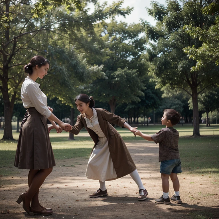 vintage woman playing with kids in a park in 1750
