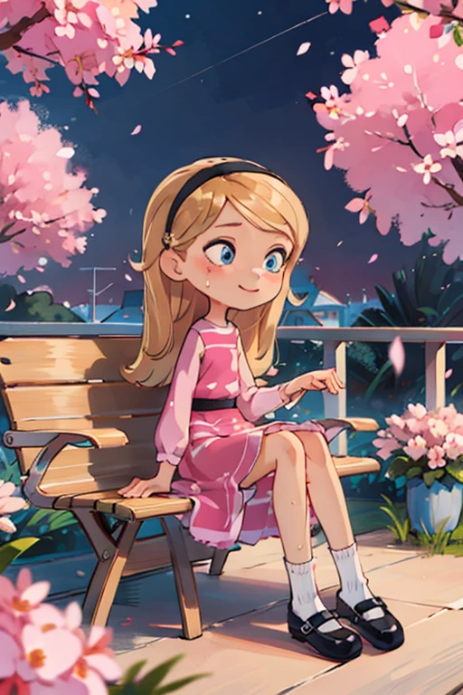 The beautiful girl wearing a , nine years old, has long blonde hair, hairband, blue eyes, ((pink dress)), puffy sleeves, white tube socks, black mary janes, her body parts are very ideal, her thighs are also chubby, her face has a sweet smile, her position is sitting on the terrace of the house overlooking the cherry blossoms on the terrace, and with polite sitting posture, closed mouth, wet legs , spread legs, panties 