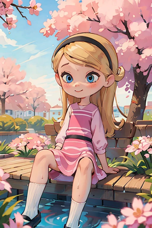 The beautiful girl wearing a , , has long blonde hair, hairband, blue eyes, ((pink dress)), puffy sleeves, white tube socks, black mary janes, her body parts are very ideal, her thighs are also chubby, her face has a sweet smile, her position is sitting on the terrace of the house overlooking the cherry blossoms on the terrace, and with polite sitting posture, closed mouth, wet legs , spread legs, panties view, pink ribbon panties, pussy 