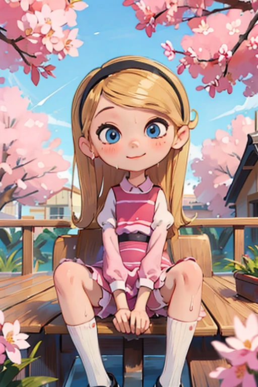 The beautiful girl wearing a , , has long blonde hair, hairband, blue eyes, ((pink dress)), puffy sleeves, white tube socks, black mary janes, her body parts are very ideal, her thighs are also chubby, her face has a sweet smile, her position is sitting on the terrace of the house overlooking the cherry blossoms on the terrace, and with polite sitting posture, closed mouth, wet legs , spread legs, panties 