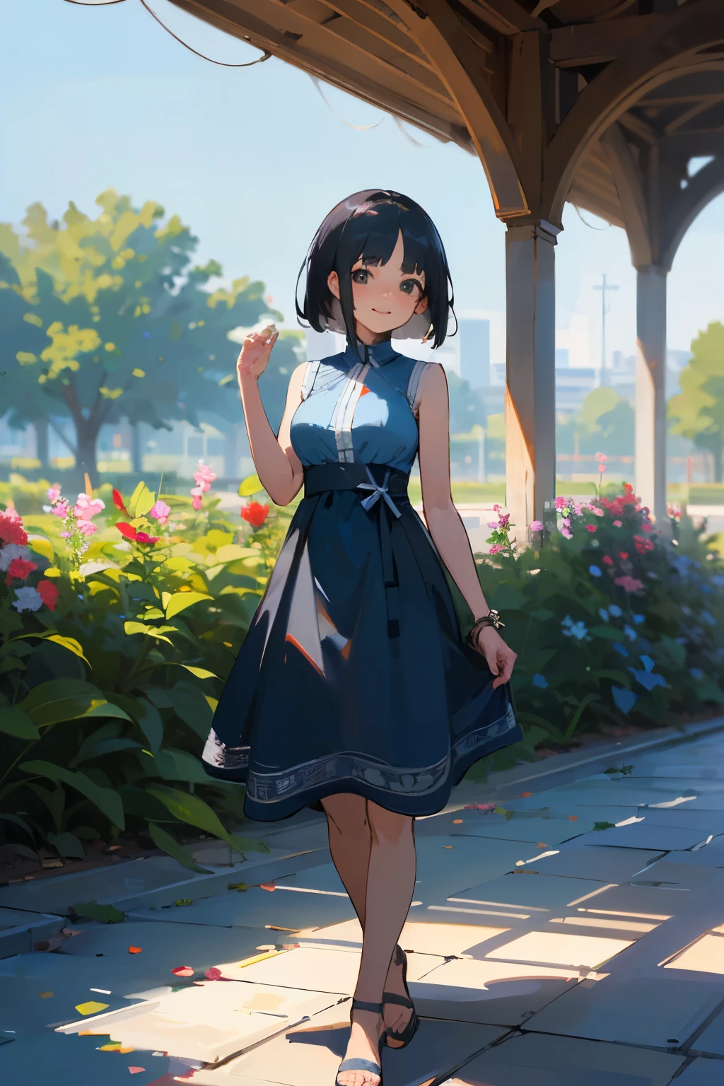 (high quality, High resolution, Very detailed, reality:1.37), Peaceful atmosphere, (Outdoor, garden), Teenage girl standing alone, (my breasts are big.), Beautiful details, Cute Smile, (Black bob hair), Blue sleeveless dress, Sandals.