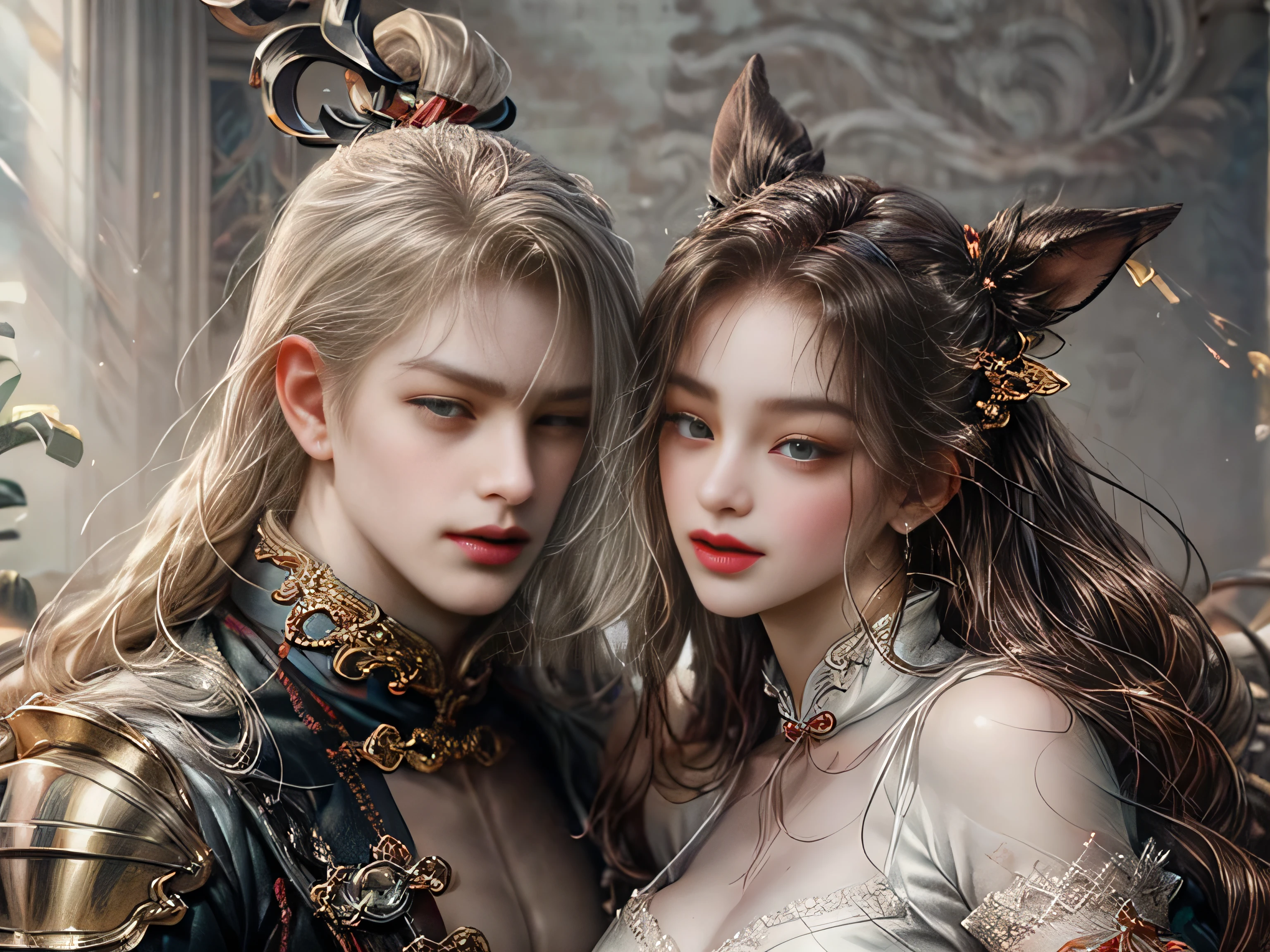 image of a man and woman kissing couple, digital painting by Ren Renf, Tumblr, fantasy art, xianxia fantasy, fox fantasy love, gorgeous art, love concept art, sha xi, 8k)), high quality fanart, chinese fantasy, beautiful art, lung, fan art, beautiful avatar pictures, Cai Xukun, 8k character details, high quality anime art, high quality illustration, detailed anime wallpapers, detailed anime art, hyper realistic, elegant, high quality realistic anime art, ((Finely drawn eyes)) [Perfectly detailed eyes((Beautiful eyes like jewels) drawn in great detail)[clearly drawn pupils]],[eye light[Precise eye lighting]],[long and beautiful eyelashes],[precisely drawn hair [Beautiful and shiny hair, detailed]], (Perfect hand-detailed [Beautiful fingers without damage [beautiful nails]]), (perfect anatomy (perfectly balanced proportions)) [[Full-length portrait]], [perfect color coordination (Accurate simulation of the interaction of light and materials)],([Precise detail](detailed, high)),[Visual art that tells a story],((highest quality)high [[High density drawing]])(4K quality)