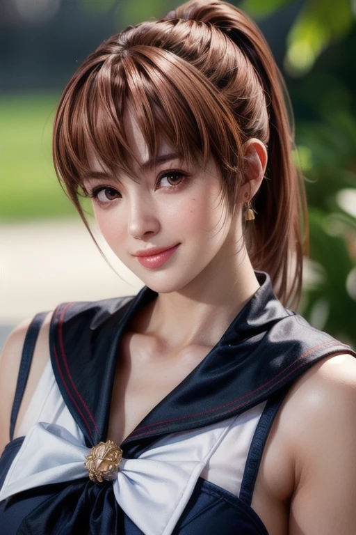 Full body shot of Kasumi, Young face, Brown Hair, ponytail, Sailor suit, With decorative ornament, alone, Shyly lowered face, Red cheeks, Shy laugh, A pose with a slight twist of the upper body, Side lighting, Shallow and sharp depth of field,(Very detailed),Realistic, (masterpiece), (High resolution), (8k wallpaper)