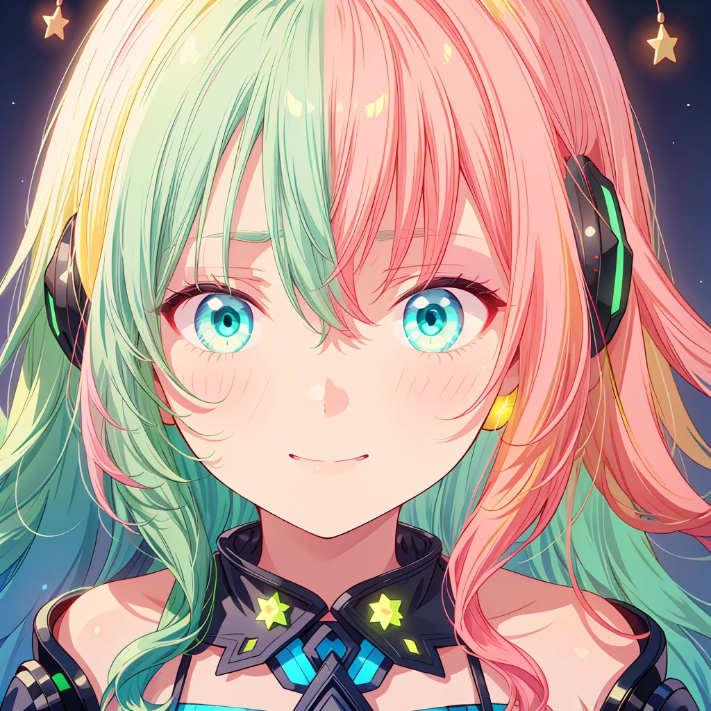 highest quality、highest quality、8K、Ultra-high resolution、highest quality、Super detailed、Perfect Face、Very detailed、Very delicate、1 girl、((solo))、(scared)、Gorgios、Soft Hair、Shoulder-length hair、Medium Hair((Left is yellow-green、The right is pink))、((Light blue eyes))、smile、Mouth closed、Expressive eyes、Colorful eyes、contrast、Shadow、Digital Art、Shining Eyes、Intimidating、damage、Detailed face、Detailed eyes、Detailed Background、Dark Background、Star Fairy、kind、Heartwarming、kawaii tech、Neon headphones、