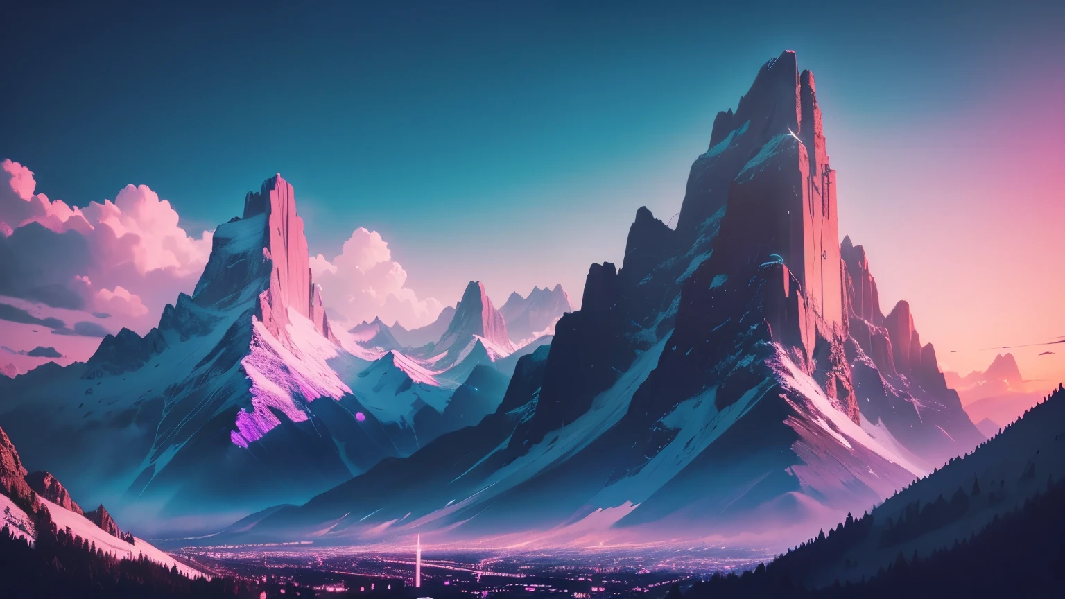 retrowave city in the mountains