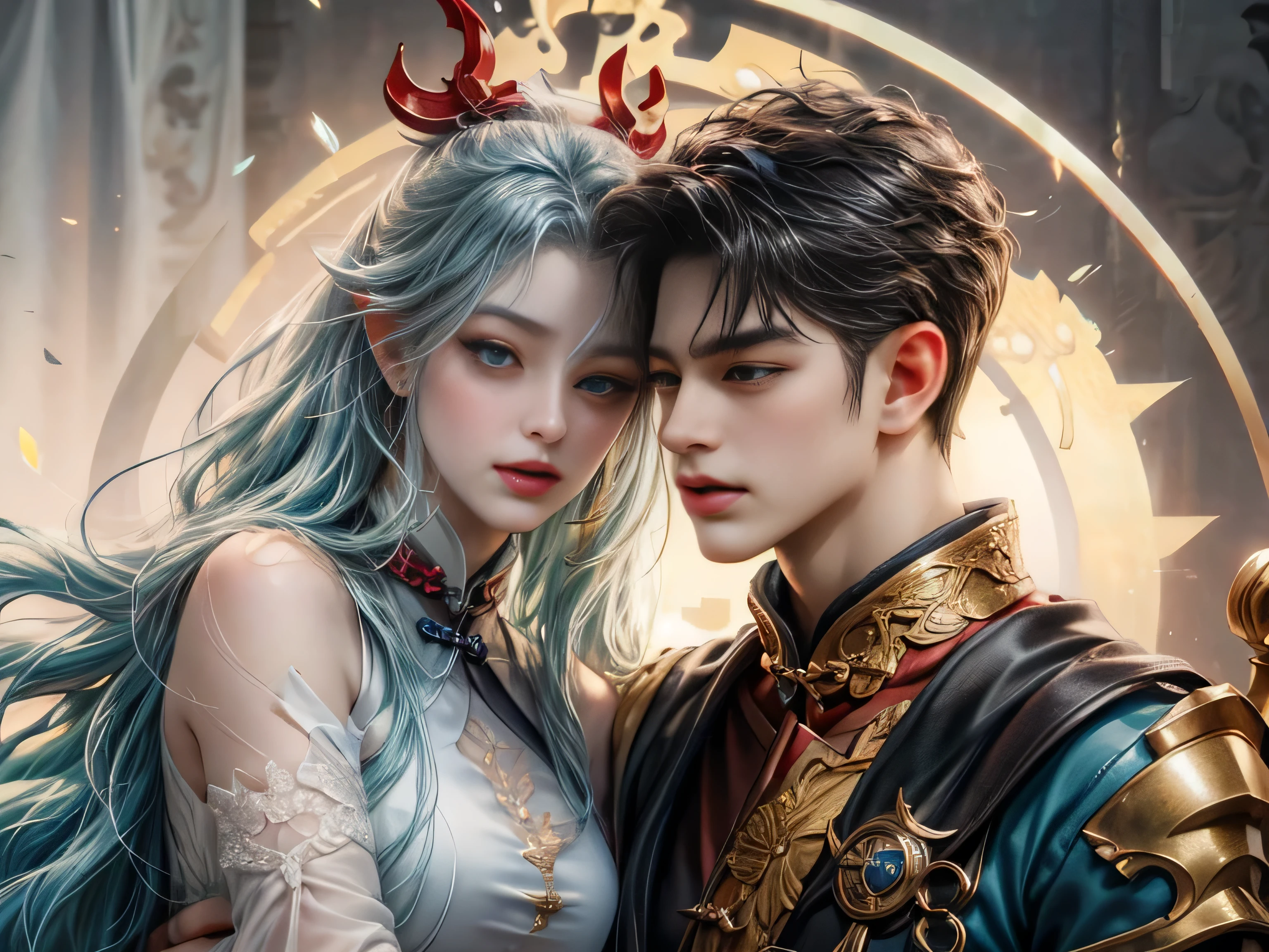 image of a man and woman kissing couple, digital painting by Ren Renf, Tumblr, fantasy art, xianxia fantasy, fox fantasy love, gorgeous art, love concept art, sha xi, 8k)), high quality fanart, chinese fantasy, beautiful art, lung, fan art, beautiful avatar pictures, Cai Xukun, 8k character details, high quality anime art, high quality illustration, detailed anime wallpapers, detailed anime art, hyper realistic, elegant, high quality realistic anime art, ((Finely drawn eyes)) [Perfectly detailed eyes((Beautiful eyes like jewels) drawn in great detail)[clearly drawn pupils]],[eye light[Precise eye lighting]],[long and beautiful eyelashes],[precisely drawn hair [Beautiful and shiny hair, detailed]], (Perfect hand-detailed [Beautiful fingers without damage [beautiful nails]]), (perfect anatomy (perfectly balanced proportions)) [[Full-length portrait]], [perfect color coordination (Accurate simulation of the interaction of light and materials)],([Precise detail](detailed, high)),[Visual art that tells a story],((highest quality)high [[High density drawing]])(4K quality)