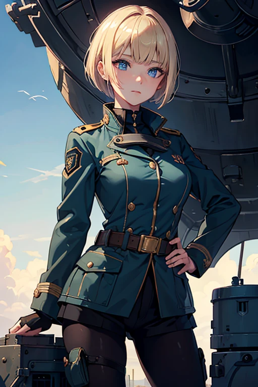 Ultra-detailed, master_piece, Top_quality, 1_beautiful_girl, portrait, Very_beautiful_face, military uniform, tanker_jacket, goggles on forehead, very beautiful_eyes, blue_eyes, even_eyes, blonde_bob_cut_hair, bangs, Garrison_Cap, hoilding_binoculars, poke head_out_of_turret_hatch