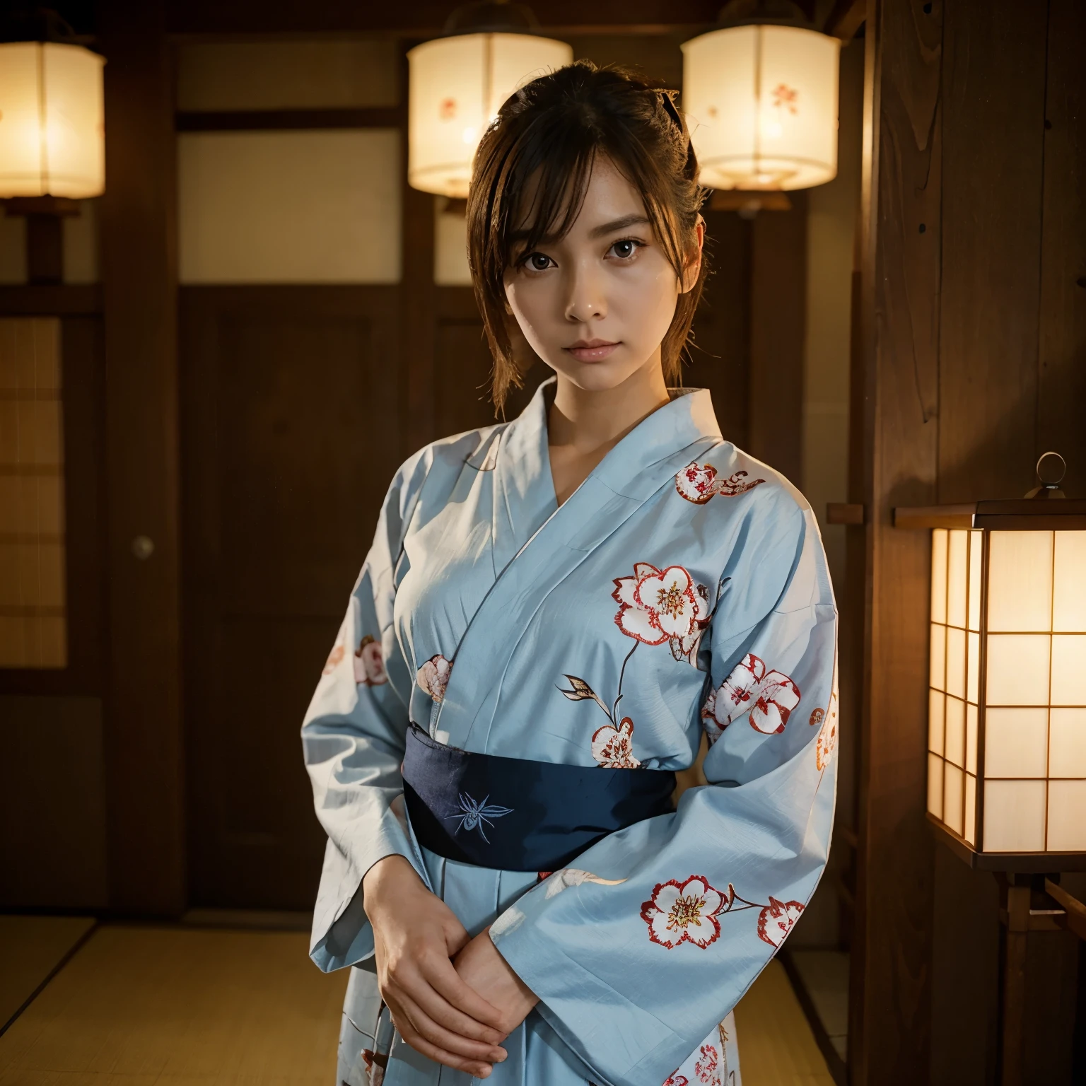 A female owl, with slanted eyes, wearing a Japanese yukata