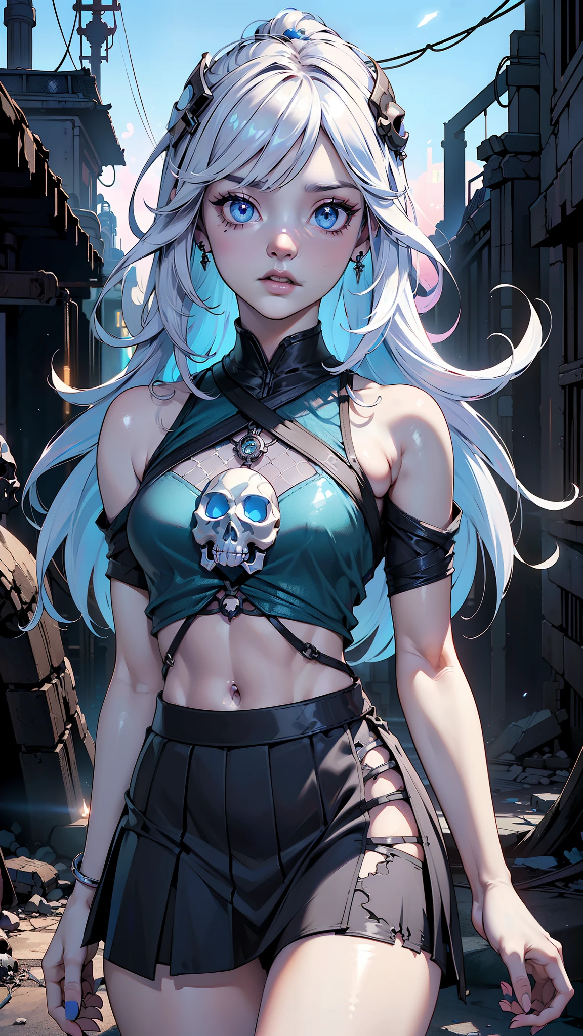 (Ultra-detailed eyes), (((textile shading))), (((Best Quality))), (((masutepiece))), (((Ultra-detailed CG))), sassy girl, (Beautiful and detailed description of the eye.), (((magical little girl))), (Petite), (tiny chest), blonde long hair with bangs, spooky hairstyle, ((gorgeous hair)), Pink eyes, (((skull style, look skool. Hockey mesh short T-shirt, black Strappy skirt with irregular hem, y2k))), ((striking a pose)), (((Game CG)) (gorgeous, sassy, it girl), fancy jewelry, full led on background, sparkling led on background, retro light, hip-hop vibe, light led on background, light retro led, magic disco light led, strong 80s atmosphere,, cowboy shot, midshot, centered image, eye on camera, front look, score_9, score_8_up, score_7_up, score_6_up, rating_explicit, 1girl, ((18YO:1.2)), Adult, full lips, big clear eyes, light blue eyes, (cabello white canoso :1.4) ,,(Tokyo alley ruined dungeon ruins background :1.4 ), (colores brillantes)