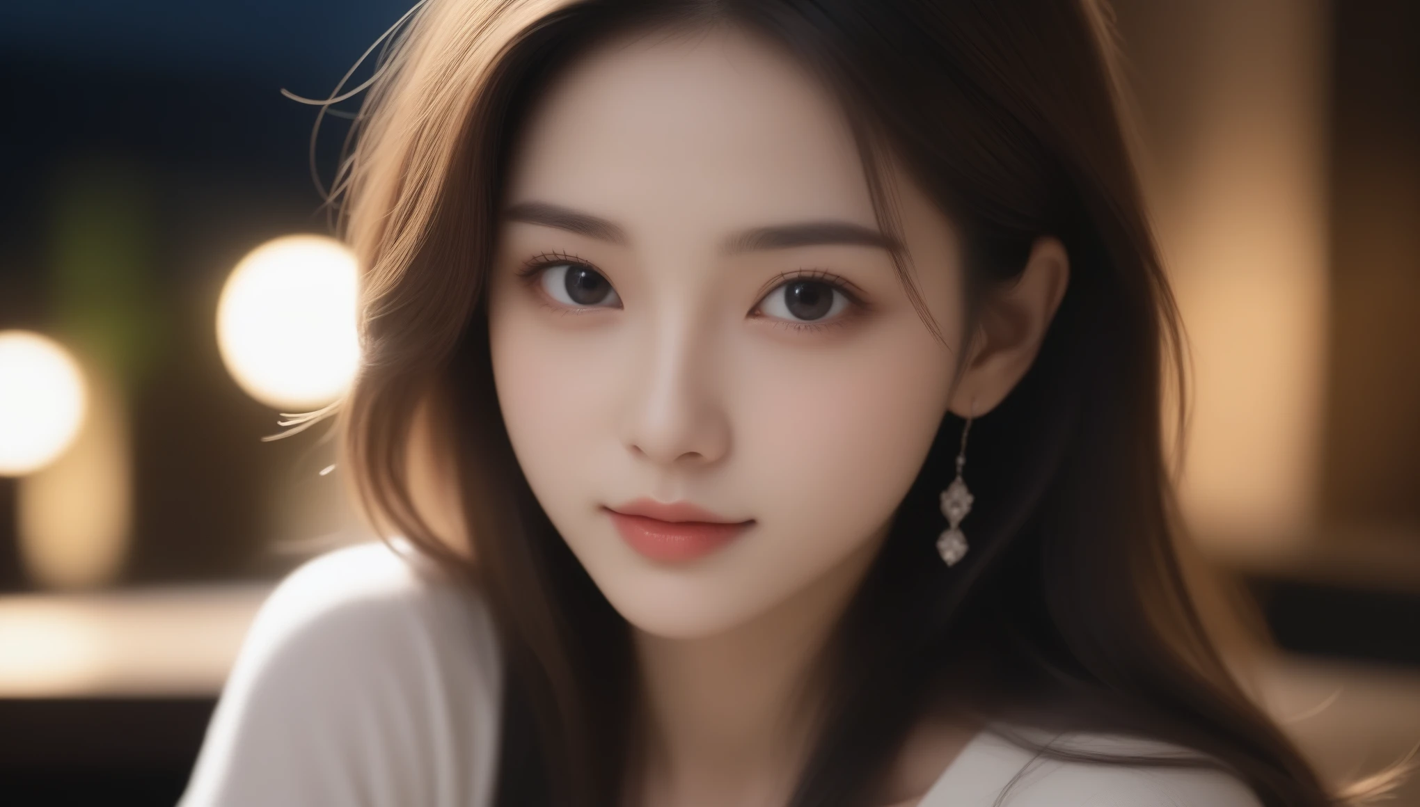 8K, 超High resolution, highest quality, masterpiece, 超Realisticな, photograph, 1 girl, (:1.3), pretty girl, Cute face, Beautiful eyes in every detail, 細かくdetailedに, masterpiece, highest quality, Realistic, 非常にdetailed, Finer details, High resolution, 8k wallpaper, One beautiful woman, Wear casual business attire, In a great restaurant, At night, Light brown messy hair, Perfect dynamic composition, Beautiful and beautiful eyes、Big earrings,Sexy pose、See through 、Look at the audience、beauty,Long neck、Smile a little、Please close your mouth and laugh、(((Ideal body proportions))),A cup small breasts :2,Portraiture:2、Perfect Anatomy、Vivid details、detailed、超Realisticな、Light and shadow,Strong light,Fashion magazine cover,Thin lips