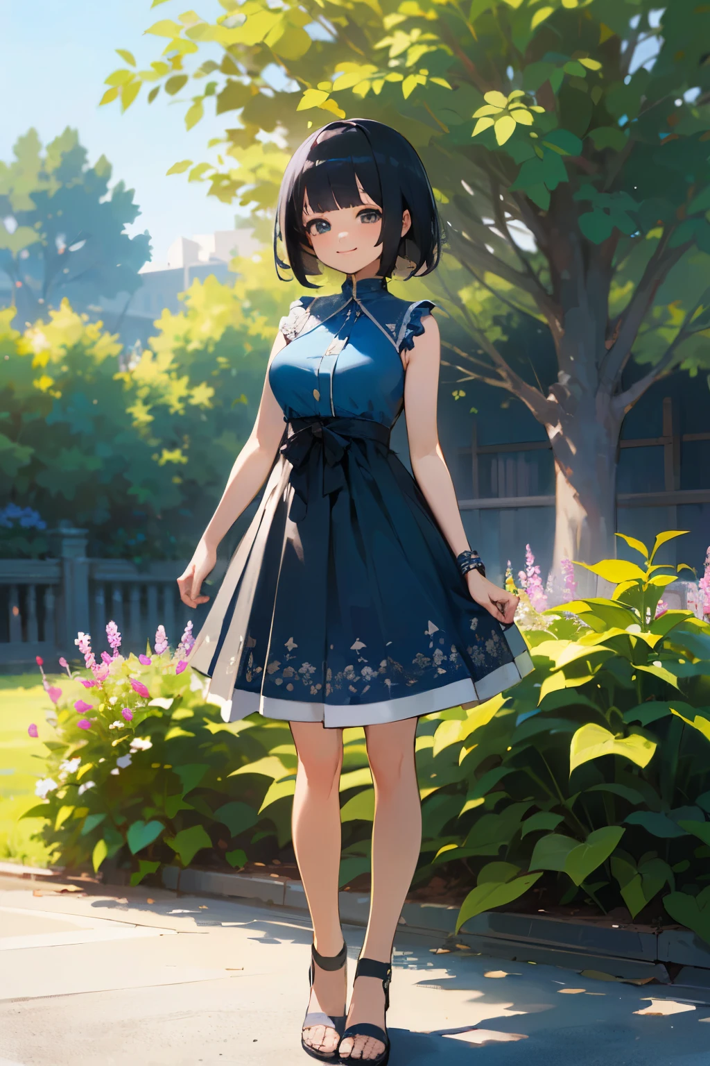 (high quality, High resolution, Very detailed, reality:1.37), Peaceful atmosphere, (Outdoor, garden), Teenage girl standing alone, (my breasts are big.), Beautiful details, Cute Smile, (Black bob hair), Blue sleeveless dress, Sandals.