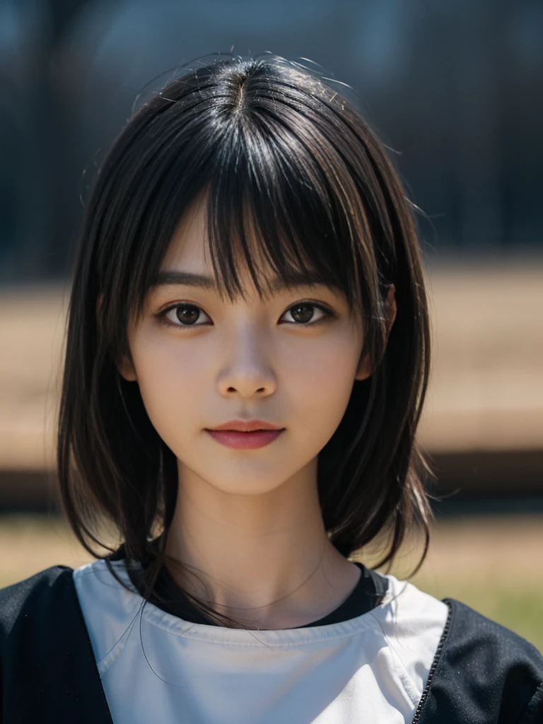 (Surreal), (Best Illustration), (Improve resolution), (8k), (masterpiece), (wallpaper), Solitary, 1 girl, Looking at the audience, Black straight hair, in the darkness, Deep Shadow, Low profile, Purebred face_V1, a happy expression, simple clothing, grassland