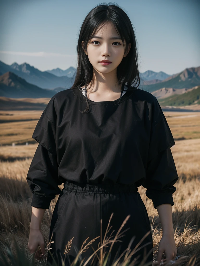 (Surreal), (Best Illustration), (Improve resolution), (8k), (masterpiece), (wallpaper), Solitary, 1 girl, Looking at the audience, Black straight hair, in the darkness, Deep Shadow, Low profile, Purebred face_V1, a happy expression, simple clothing, grassland