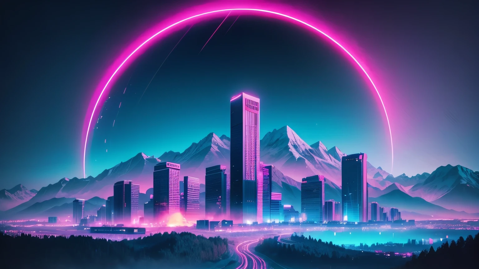 retrowave city in the mountains