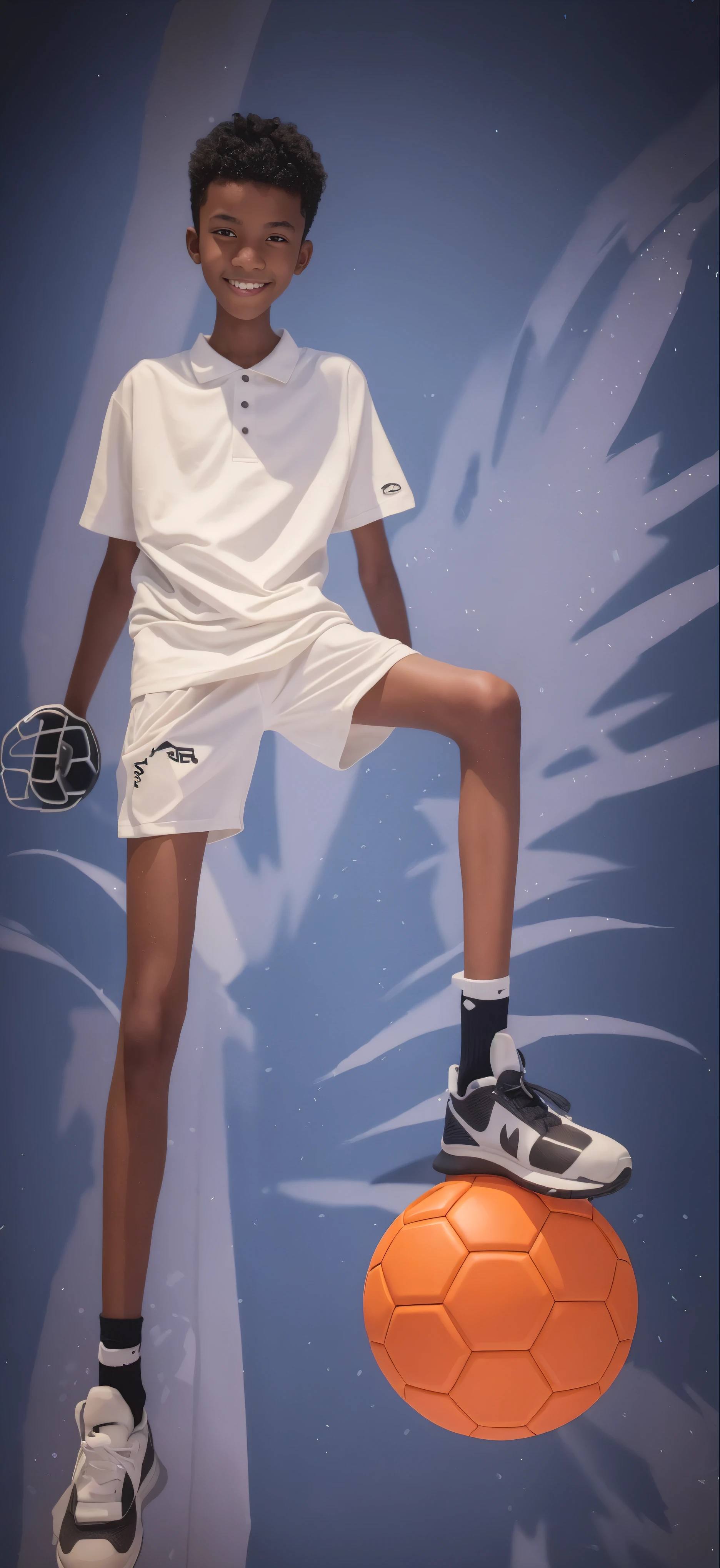  boy，（Wearing white tennis clothes，Wearing fluorescent orange socks），Dark skin，Big round eyes，Very short hair，Tall and skinny，Toothy Smile，Sharpen details，Knee bending