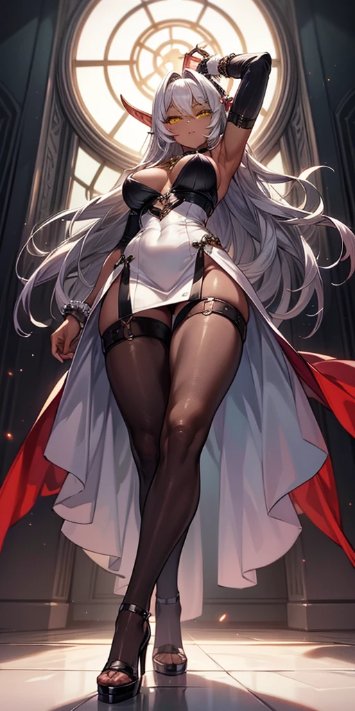 Pirotess dark elf. 1solo girl Qun Qun Na Olganite dark skin elf succubus, white silver long hair, yellow eyes, white dress, black stockings, white high heels, jewelry necklace, fur coat, big belt heart shaped, portrait full body view from below, detached sleeves arms up showing shaved armpits