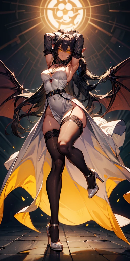 Pirotess dark elf. 1solo girl Qun Qun Na Olganite dark skin elf succubus, white silver long hair, yellow eyes, white dress, black stockings, white high heels, jewelry necklace, fur coat, big belt heart shaped, portrait full body view from below, detached sleeves arms up showing shaved armpits