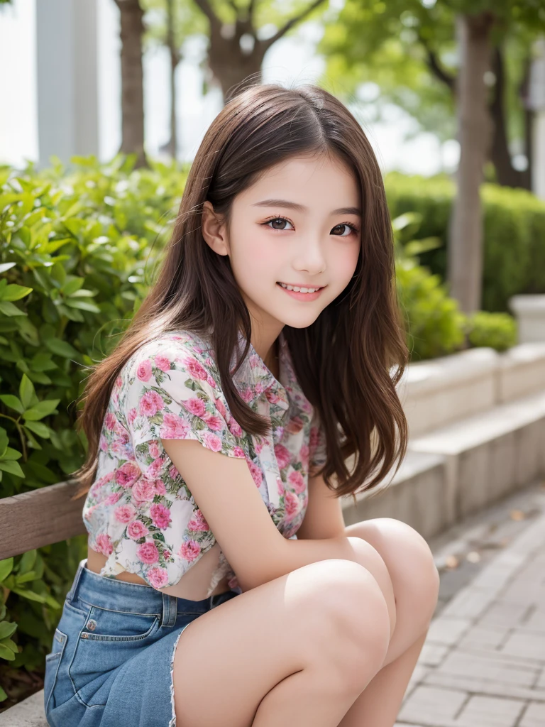 (masterpiece,highest quality,超A high resolution), (((Very beautiful 12 year old girl))), pretty girl、China Travel、Hongkong、smile、 Outdoor、Super cute face, Glossy lips, Double eyelids on both eyes, Natural Makeup, Long eyelashes, Shiny and smooth light brown long bob hair, Perfect limbs, FULL Body, Cute clothes、Floral shirt、Pleated mini skirt、