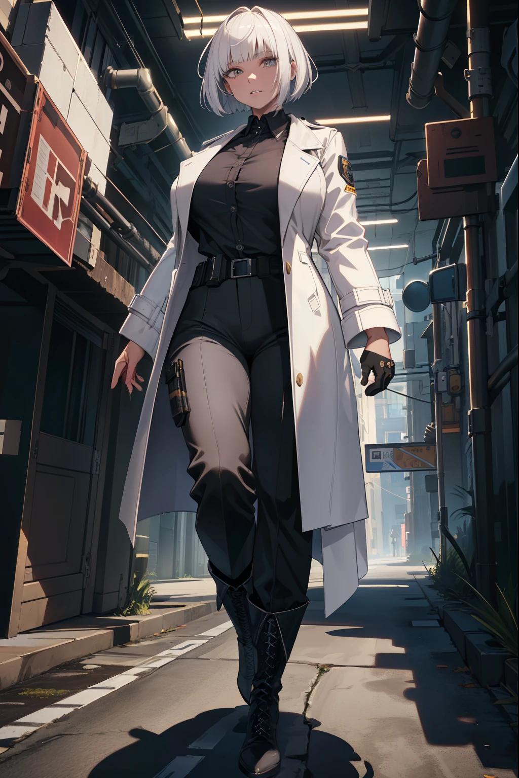 (extremely detailed CG unity 4k wallpaper),(masterpiece),(best quality),(ultra-detailed),(best illustration),(best shadow),(absurdres),(Detailed background), White hair (Bobcut), Tall, very Muscular build, Pale skin, Milky eyes, Trenchcoat (Black), Boots, Blouse (White), Pants (Black), dark scary police station background,