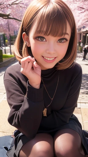 ((Tabletop, highest quality, High resolution, Hmph, Perfect Pixel, Written boundary depth, 4K, Hmph, Hmph))), 1 girl, single, alone, Beautiful Anime Girls, Beautiful art style, Anime characters, ((Short Bob Hair, bangs, Brown Hair)), ((Green Eyes:1.4, Round eyes, Beautiful eyelashes, Realistic eyes)), ((Detailed face, blush:1.2)), ((Smooth texture:0.75, Realistic texture:0.65, Realistic:1.1, Anime CG Style)), Dynamic Angle, ((throw, Selfie pose, Portraiture)), ((Black sweater, Long sleeve, Black Skirt, Checked skirt, fashionable, 1 diamond necklace,pantyhose)), smile, amusement park, ((cherry blossoms, cherry blossomsの花が散る)),Sit on a bench,Shot to the knee,