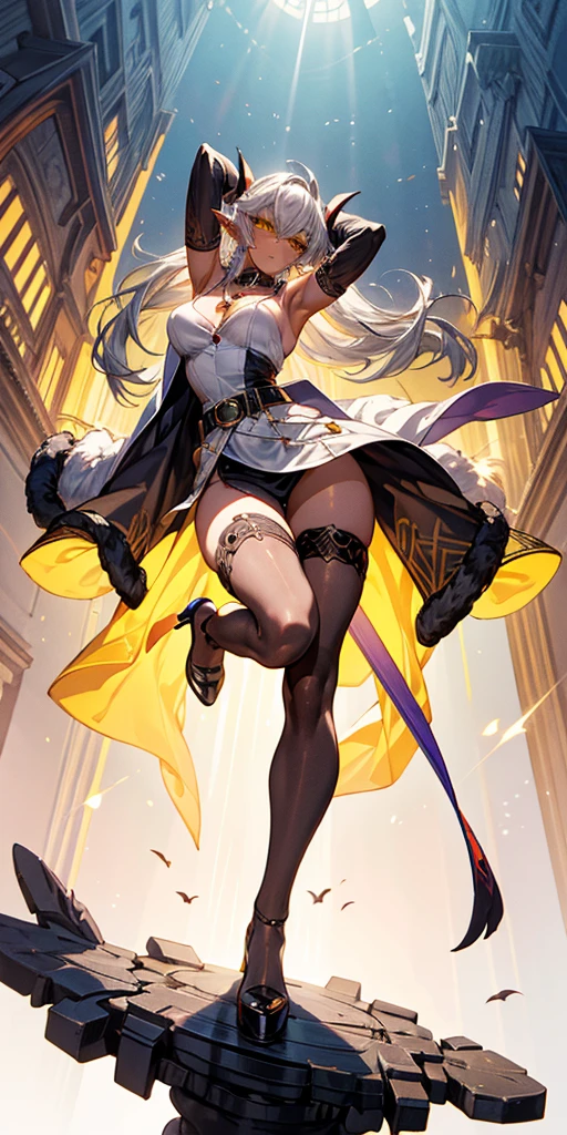 Pirotess dark elf. 1solo girl Qun Qun Na Olganite dark skin elf succubus, white silver long hair, yellow eyes, white dress, black stockings, white high heels, jewelry necklace, fur coat, big belt heart shaped, portrait full body view from below, detached sleeves arms up showing shaved armpits