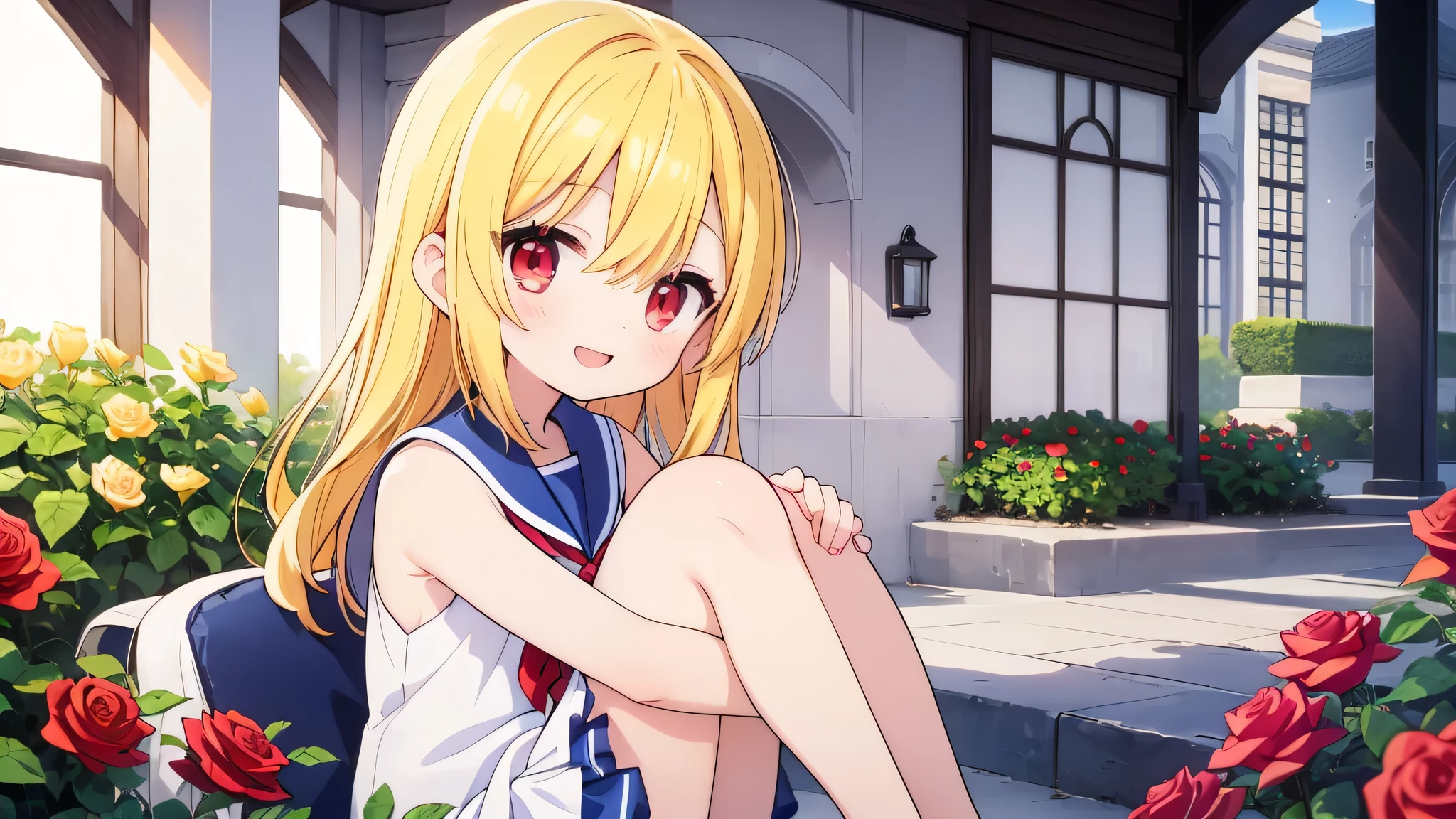 Very cute girl、(I )、Bright yellow hair、Shortcuts、Bangs too close to the eyes、Glowing red eyes、(Normal Human Ear)、Thin arms、Beautiful body、Thin legs、Flat Chest、Translucent white skin、Smile、Open your mouth、(Sleeveless sailor suit、Ultra mini skirt).(Rose Garden)、Playing innocently、Ultra HD、Digital SLR、In the background, many colorful roses are blooming.、Upper Body Shot、Sitting cross-legged、Sitting hugging your knees、running、