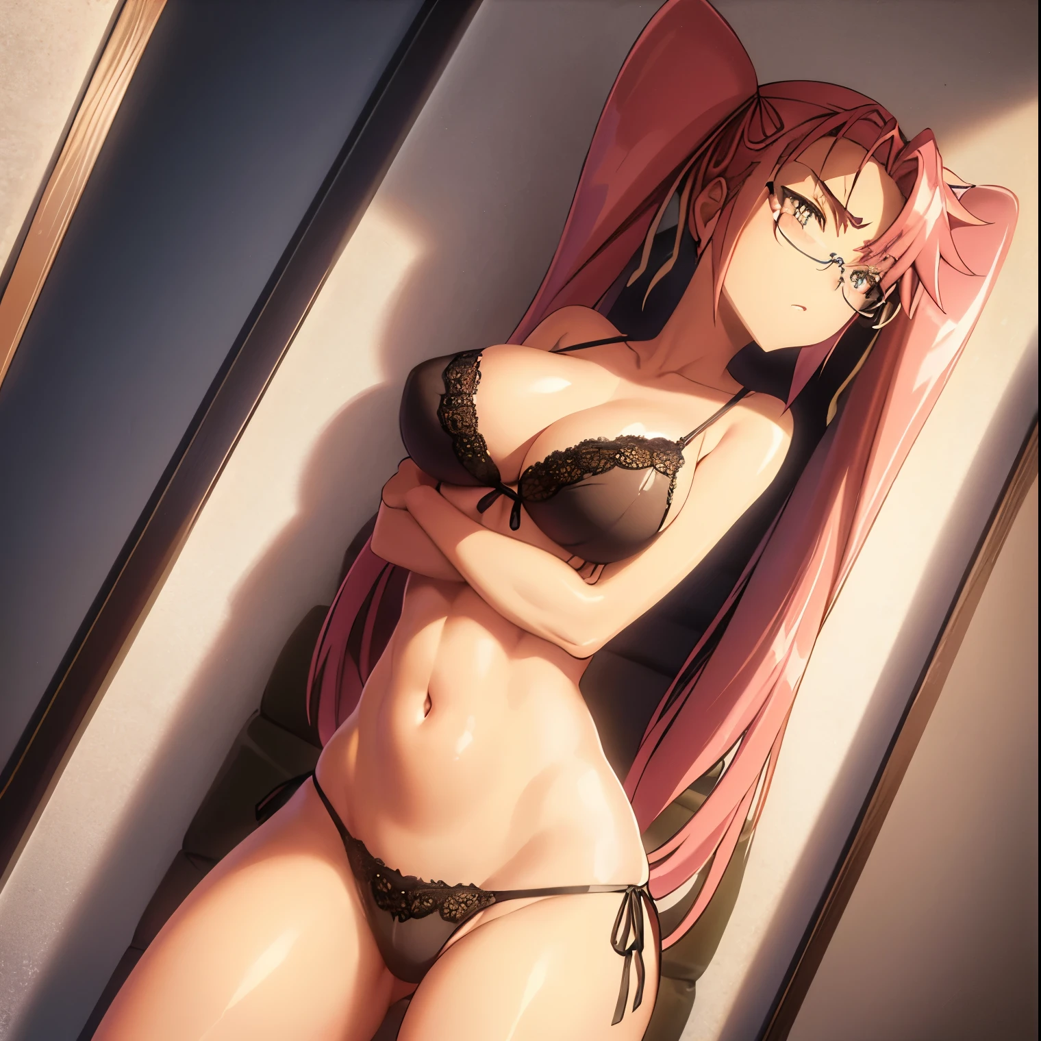 1 girl, alone, saya takagi, long hair, ribbon, two pigtails, (brown eyes: 1.3), hair ribbon, pink hair, glasses, dark pink lingerie, dark pink bra with lace, dark pink thong with lace, bedroom , room, zombies, night, sky, sitting on the bed, legs open, looking at viewer, pov(from below)(cowboy shot: 1.5),large breasts,medium waist,wide hips,medium thighs,round butt,curvy body,(masterpiece: 1.2),best quality,high resolution, Unity 8k wallpaper, (artwork: 0.8), (beautiful detailed eyes: 1.6), extremely detailed face, perfect lighting, extremely detailed CG (perfect hands, perfect anatomy),