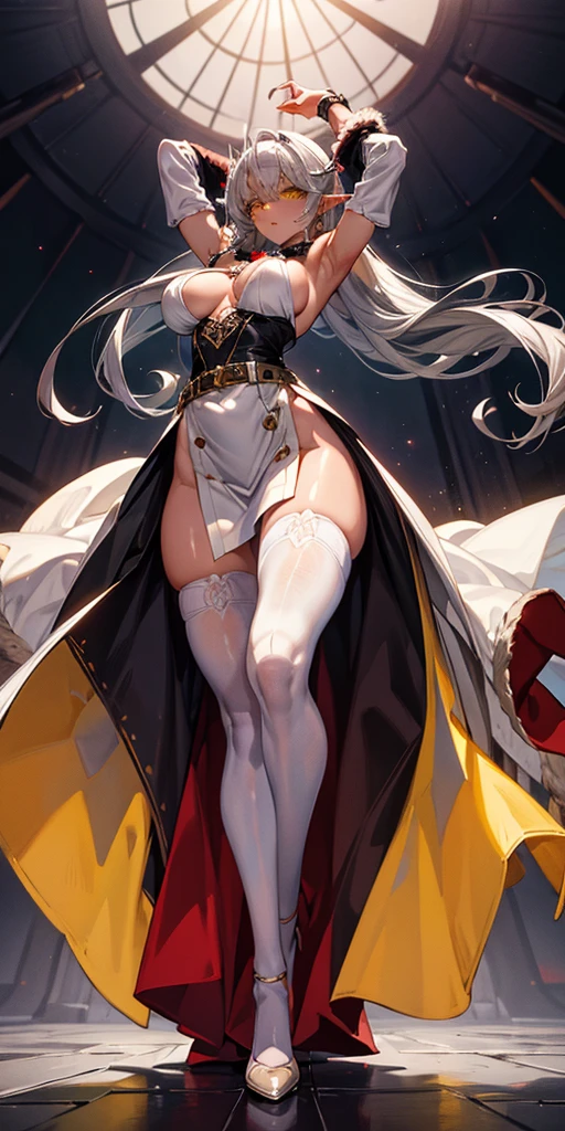 Pirotess dark elf. 1solo girl Qun Qun Na Olganite dark skin elf succubus, white silver long hair, yellow eyes, white dress, black stockings, white high heels, jewelry necklace, fur coat, big belt heart shaped, portrait full body view from below, detached sleeves arms up showing shaved armpits