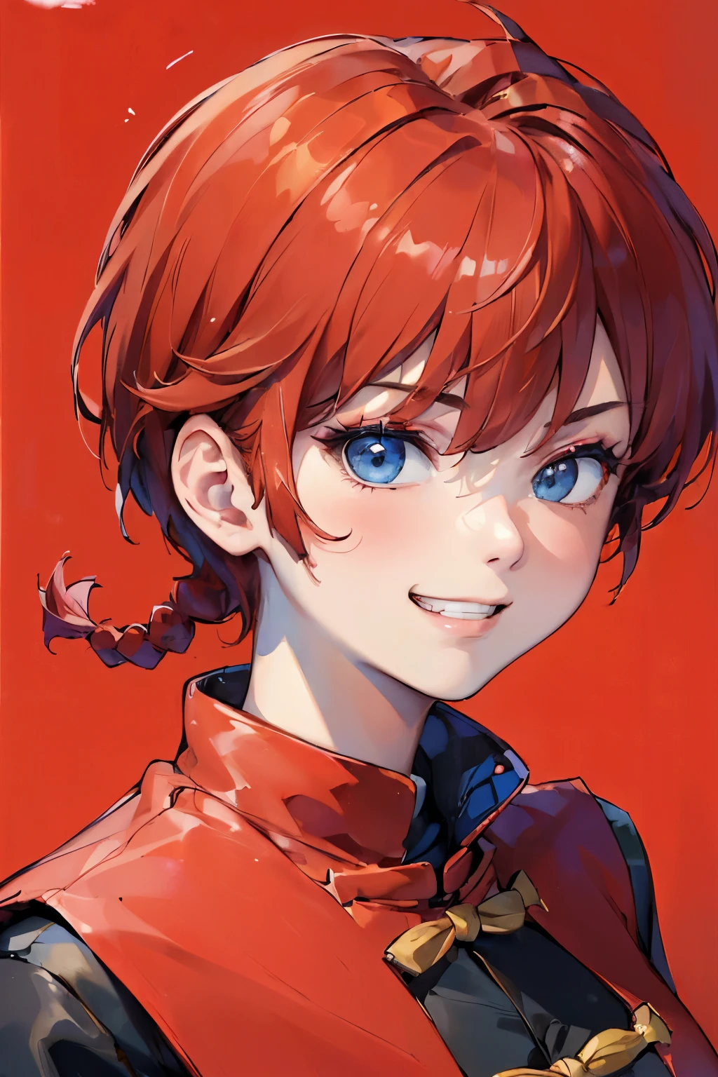 ((masterpiece:1.4)), high quality, very_high_resolution, large_filesize, full color, heavy outline, clear outline, colorful, (beautiful detailed eyes), ((beautiful face:1.0)), ((boyish face:1.4)), 1 girl, (femaleranma), (red hair), short hair, (braided ponytail), ((bangs)), bumpy bangs, blue-gray eyes, big breasts, curvy, femaleranma, braided ponytail, (red chinese clothes), sleeveless, tangzhuang, black pants, cameltoe, standing, upper body, ((from front:1.4)), ((portrait:1.8)), ((face focus:1.4)), (grin),