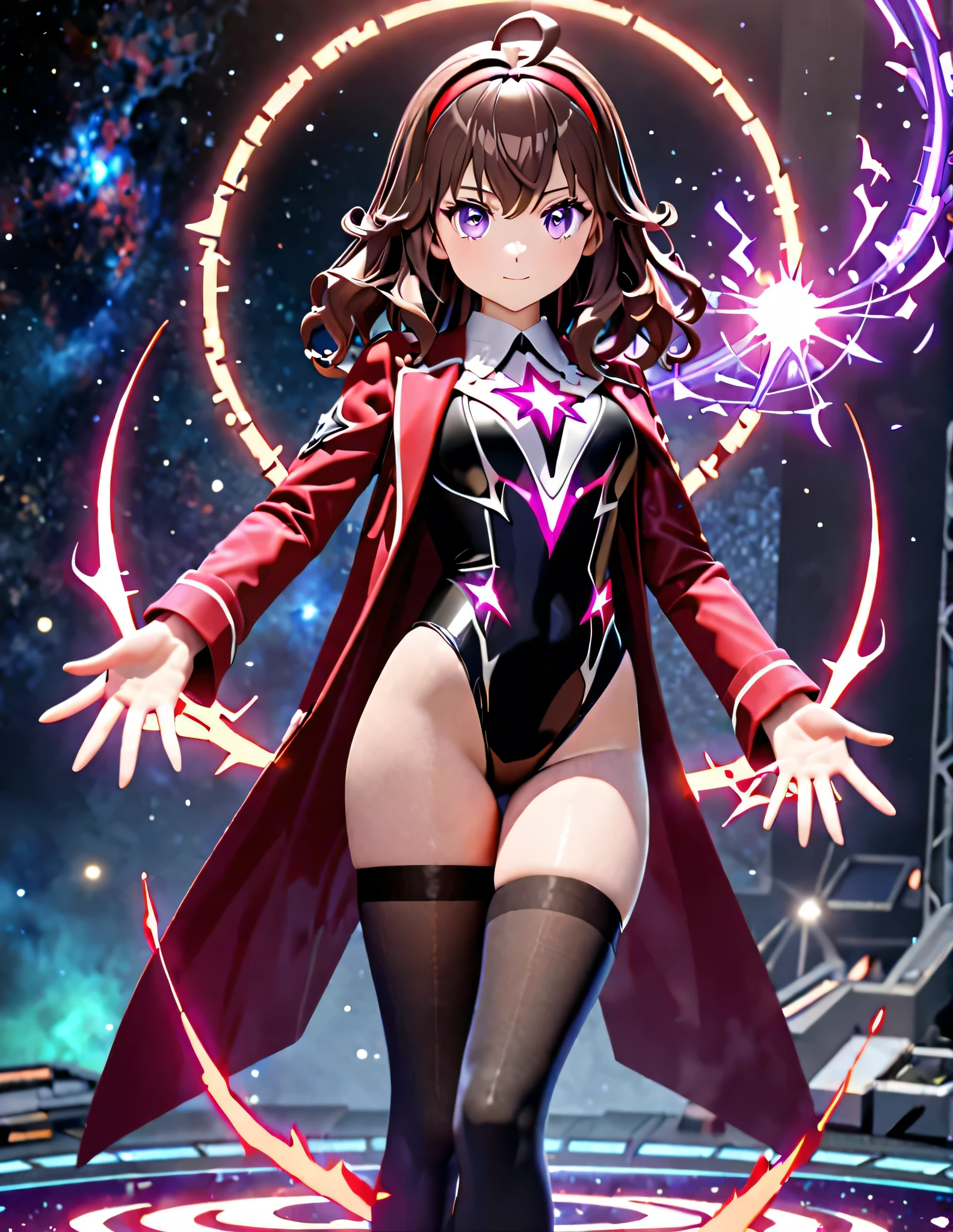 ((masterpiece)), ((best quality)), ((high res)), 3D anime style, solo, solo focus, Woman with brown eyes, age 21 (medium hair, dark brown hair, wavy hair, red hairband), ahoge, ((white blouse with black stars, vest, suit jacket, opened jacket, red jacket with stars)), (leotard, black leotard, bare legs, black thigh-highs, high-heel shoes, matching footwear), purple stellar energy around, cosmic power, cosmic shining power. purple eyes, beautiful detailed eyes, beautiful detailed face, cute face, (perfect hands, complete fingers), (perfect anatomy, perfect proportions). (casting a spell). full body costume design, full body, cowboy shot.