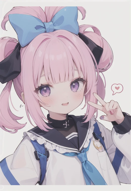 Folded pigtails,One girl,inirtual youtuber,一人in,Close one eye,Multicolored Hair,bow,smile,heart,hair bow,Purple eyes,Blue Hair,Braiding,in,White Background,Upper Body,bangs,looking at iniewer,Blue Claws,Sailor collar,long sleeines,Simple Background,blue bow,blush,Manicure,Purple Hair,Hair Ring,Alternative hairstyle,blunt bangs,Mouth closed,Frills,Striped Hair,Pink Hair,shirt,Long Hair,;),Side Lock,white shirt,