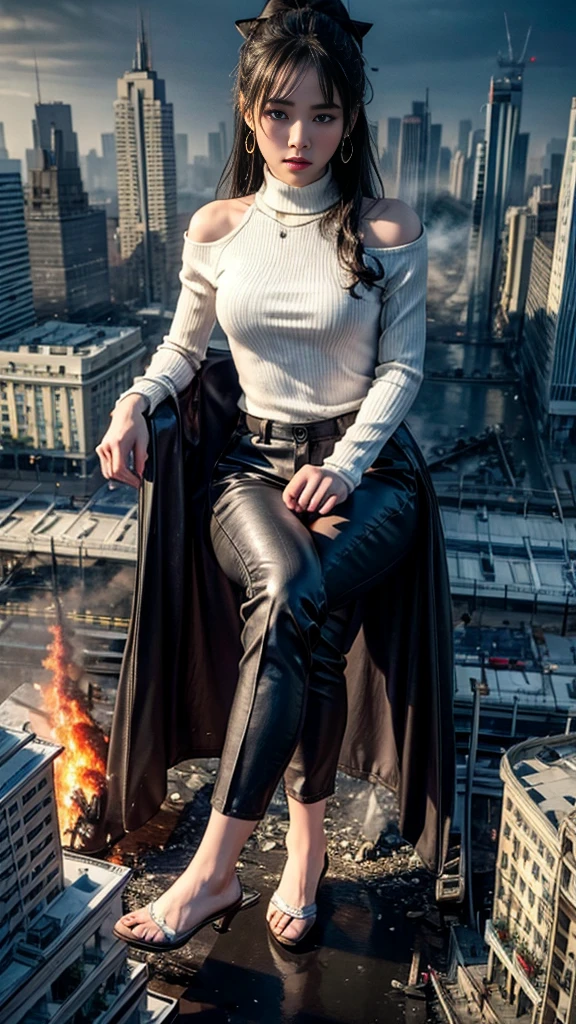 (32k, High resolution, highest quality, masterpiece, 超High resolution), (((Giantess Elements, Typhoon heavy rain))), From above, Perfect dynamic composition:1.2, (Modern city at night, Expressions of sadness:0.7), Highly detailed skin and facial textures:1.2, ((Towering Giant Young Woman:1.0, Higher than skyscrapers:1.0, 80,000 feet high:1.5, Incredibly slim body:1.0)), Fair skin, Sexy beauty, Very beautiful face, , Water droplets on the skin, (The rain drips down on my body:0.5, Wet body:0.5, Wet Hair:0.5), (Wet linen pants:1.0, Wet turtleneck sweater:1.0), Shapely breasts, Chest gap, Big eyes that exude beautiful eroticism, Lips that exude beautiful eroticism, necklace, Earrings, bracelet, wedding ring, Shoulder bag, clock, ribbon, High heels, Full body portrait, ((Destroy a small city, Burning Small Town, rubble, Destroyed small building, Collapsed highway, Evacuated Residents)), ((Major impact, Emphasizing the majesty and power of giants, Increase the destructive element, Lower the building, Making cities smaller))